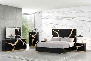 English Elm Contemporary Black Gold Nightstand Dovetail Drawers Felt Lined Solid Wood Bedroom B2741P435902