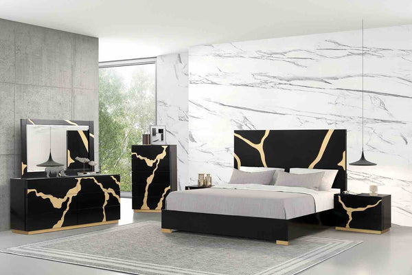 English Elm Contemporary Black Gold Nightstand Dovetail Drawers Felt Lined Solid Wood Bedroom B2741P435902