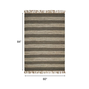 Homeroots 5' X 7' Brown And Beige Striped Hand Woven Area Rug Slate Ivory Jute 353021