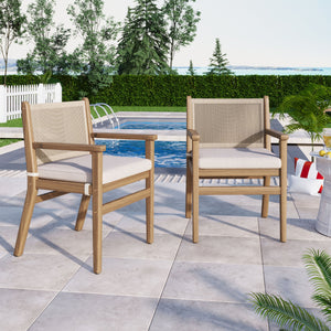 English Elm Christopher Knight Home® - Outdoor Acacia Wood Dining Chairs Set of 2 with Woven Rope Back, Waterproof Cushions, 400lb Capacity Light Brown N779P224995B