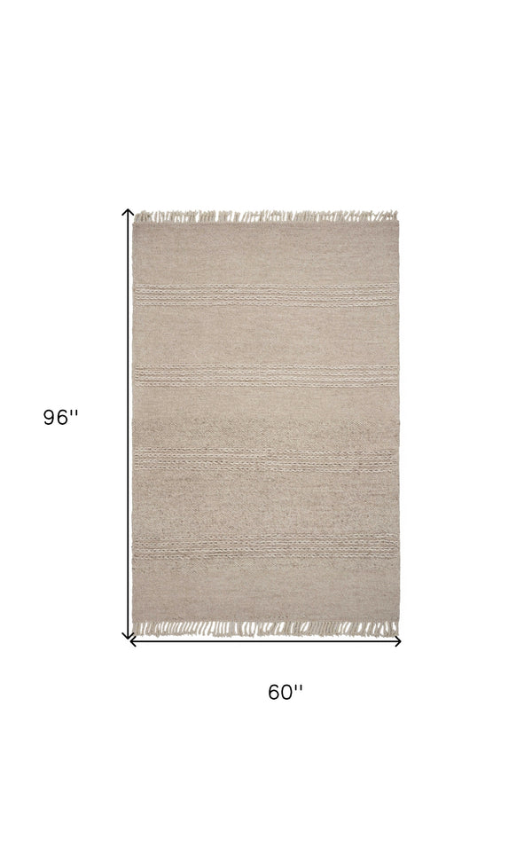 Homeroots 5' X 8' Natural Plain Wool Indoor Area Rug With Fringe  Wool 353053