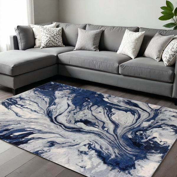 HomeRoots 7' Modern Abstract Area Rug in Blue-Gray and Ivory - Durable, Easy-Clean Design for Any Space 7' X 10' 353057