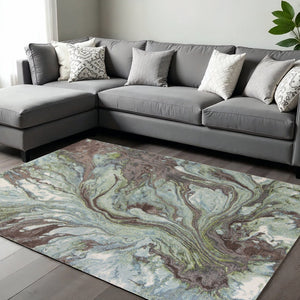 HomeRoots 7' Abstract Area Rug in Calming Green & Brown Tones - Durable, Stylish, Perfect for High-Traffic Spaces 7' X 10' 353059