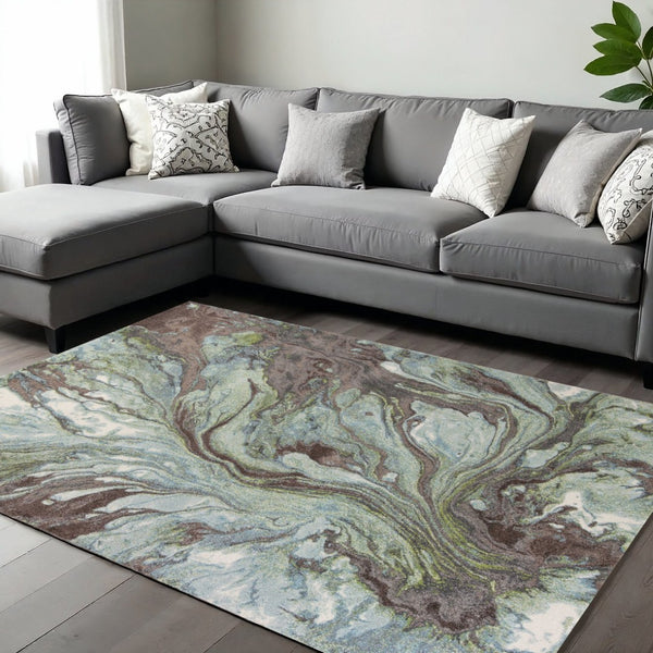 HomeRoots 7' Abstract Area Rug in Calming Green & Brown Tones - Durable, Stylish, Perfect for High-Traffic Spaces 7' X 10' 353059