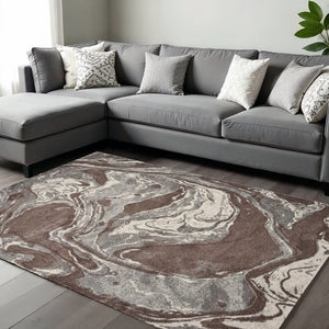 HomeRoots 7' Modern Brown and Ivory Abstract Area Rug - Stylish, Durable Design for Living Spaces and More 7' X 10' 353067