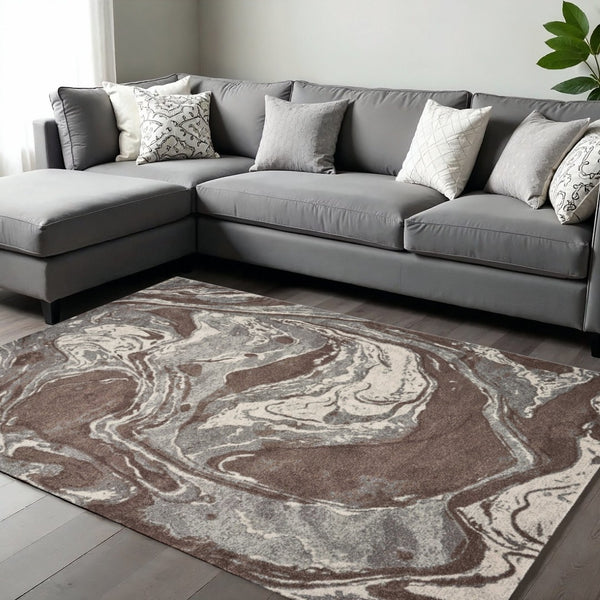 HomeRoots 7' Modern Brown and Ivory Abstract Area Rug - Stylish, Durable Design for Living Spaces and More 7' X 10' 353067