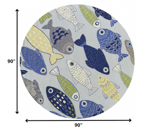 Homeroots 7' Round Light Blue School Of Fish Indoor Area Rug  Polyester 353069