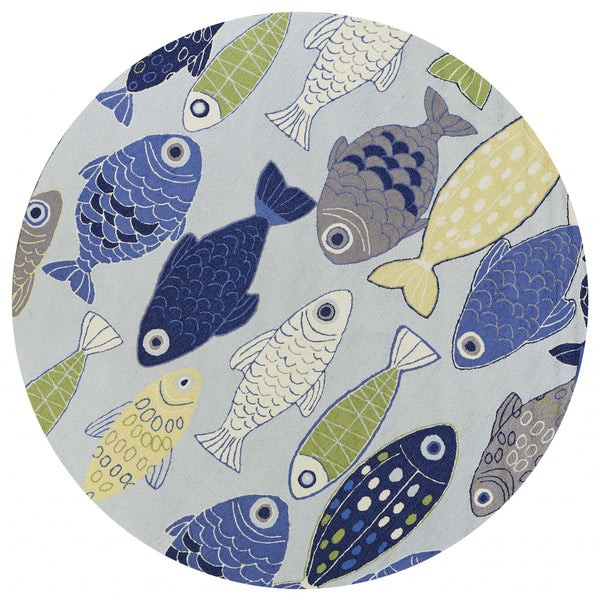 Homeroots 7' Round Light Blue School Of Fish Indoor Area Rug  Polyester 353069