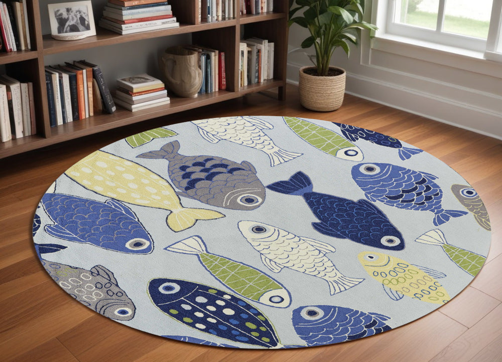 Homeroots 7' Round Light Blue School Of Fish Indoor Area Rug  Polyester 353069