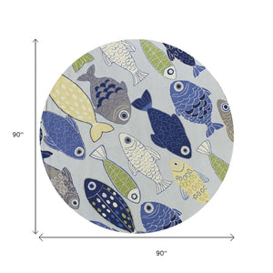 HomeRoots 5' Hand-Hooked Area Rug with Blue, Ivory, and Green Fish Motif – Durable, Stain Resistant, Artful Charm 7' Round 353069