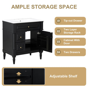 English Elm 30" Freestanding Bathroom Vanity Rubberwood Frame Ceramic Sink Flip Drawer Storage Black N725P356062B