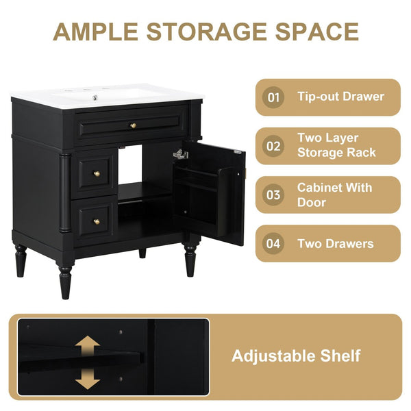English Elm 30" Freestanding Bathroom Vanity Rubberwood Frame Ceramic Sink Flip Drawer Storage Black N725P356062B