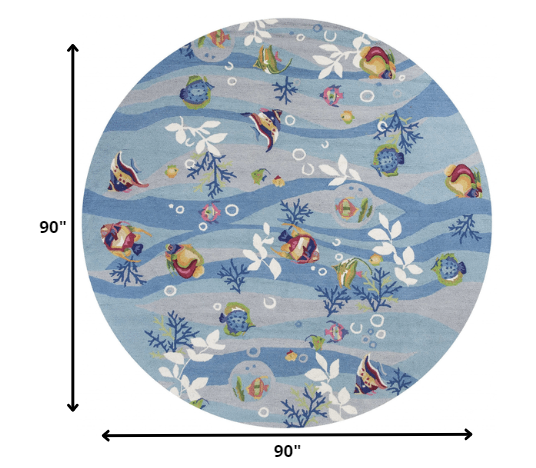 Homeroots 8' Blue Hand Hooked Marine Life Round Indoor Area Rug  Polyester 353070