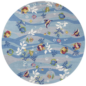 Homeroots 8' Blue Hand Hooked Marine Life Round Indoor Area Rug  Polyester 353070