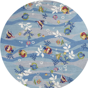 Homeroots 8' Blue Hand Hooked Marine Life Round Indoor Area Rug  Polyester 353070