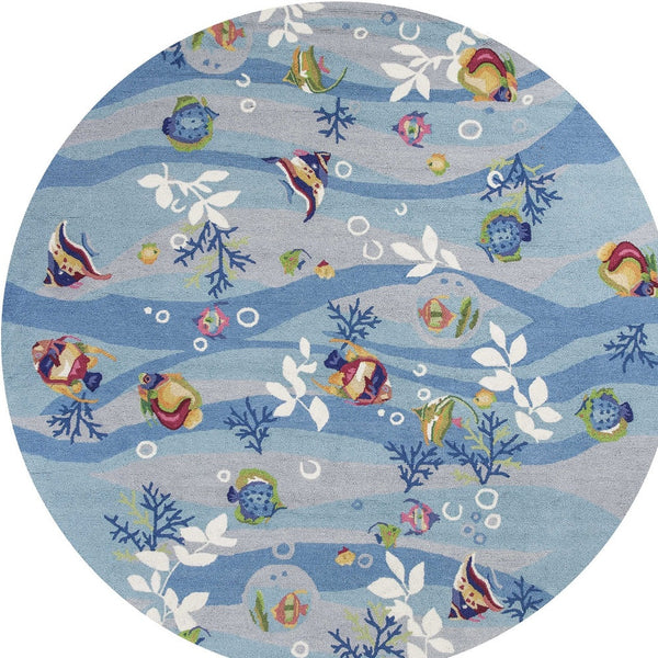 Homeroots 8' Blue Hand Hooked Marine Life Round Indoor Area Rug  Polyester 353070
