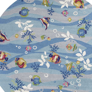 Homeroots 8' Blue Hand Hooked Marine Life Round Indoor Area Rug  Polyester 353070