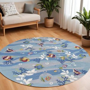 Homeroots 8' Blue Hand Hooked Marine Life Round Indoor Area Rug  Polyester 353070