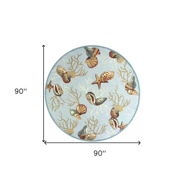 Homeroots 7' Round Blue Shells And Corals Indoor Area Rug  Polyester 353071