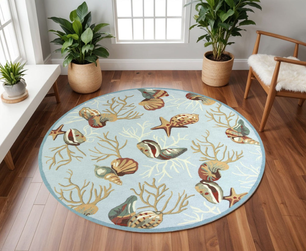 HomeRoots 7' Coastal Seashell and Coral Hand-Hooked Area Rug – Soft, Durable, and Stain-Resistant Home Accent 7' Round 353071