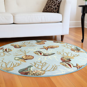 Homeroots 7' Round Blue Shells And Corals Indoor Area Rug  Polyester 353071