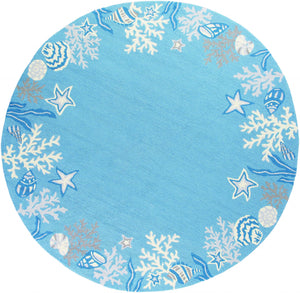 Homeroots 8' Sea Blue Hand Hooked Bordered Coral Reef Round Indoor Area Rug  Polyester 353072