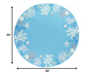 Homeroots 8' Sea Blue Hand Hooked Bordered Coral Reef Round Indoor Area Rug  Polyester 353072