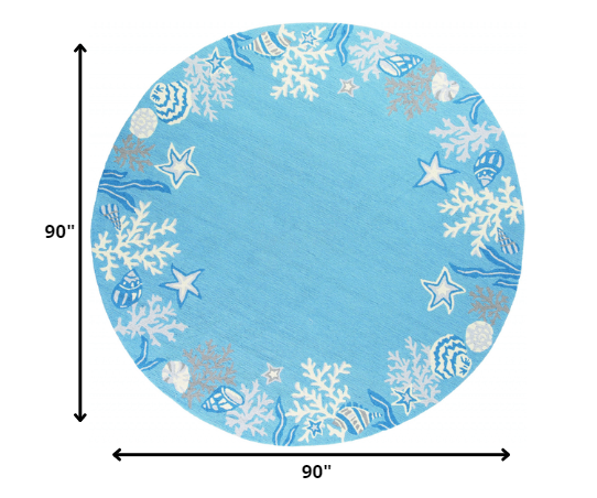 Homeroots 8' Sea Blue Hand Hooked Bordered Coral Reef Round Indoor Area Rug  Polyester 353072