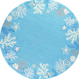 Homeroots 8' Sea Blue Hand Hooked Bordered Coral Reef Round Indoor Area Rug  Polyester 353072