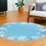 Homeroots 8' Sea Blue Hand Hooked Bordered Coral Reef Round Indoor Area Rug  Polyester 353072