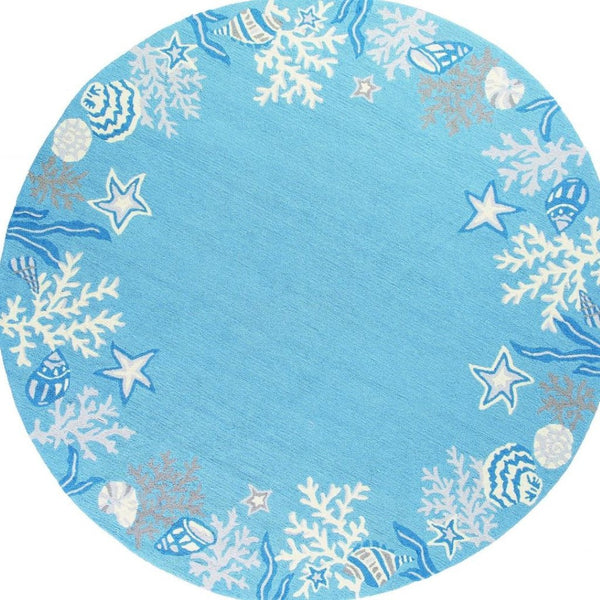 HomeRoots 5' Hand-Tufted Area Rug Featuring Coastal Blue-Gray Fish and Coral Motif for Modern Interiors 8' Round 353072