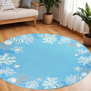 HomeRoots 5' Hand-Tufted Area Rug Featuring Coastal Blue-Gray Fish and Coral Motif for Modern Interiors 8' Round 353072