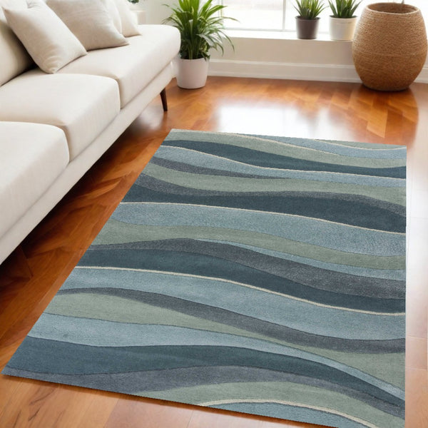 HomeRoots 3'' Hand-Tufted Wool Area Rug in Blue Gray & Ivory - Modern Abstract Design for Any Space 5' X 8' 353099