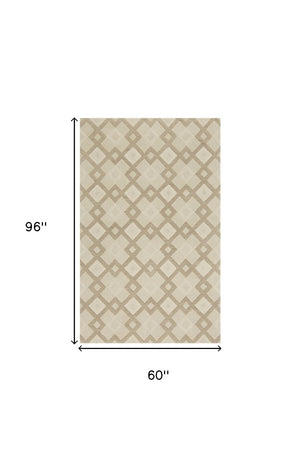 HomeRoots 3'' Ivory and Brown Geometric Wool Area Rug – Handcrafted Plush Comfort for Modern Home Décor 5' X 8' 353100