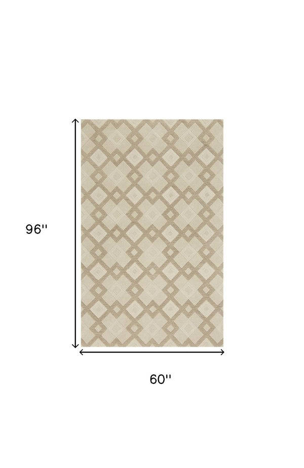 HomeRoots 3'' Ivory and Brown Geometric Wool Area Rug – Handcrafted Plush Comfort for Modern Home Décor 5' X 8' 353100