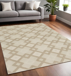 HomeRoots 3'' Ivory and Brown Geometric Wool Area Rug – Handcrafted Plush Comfort for Modern Home Décor 5' X 8' 353100