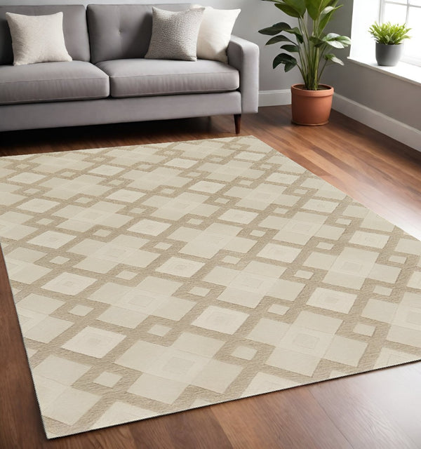 HomeRoots 3'' Ivory and Brown Geometric Wool Area Rug – Handcrafted Plush Comfort for Modern Home Décor 5' X 8' 353100
