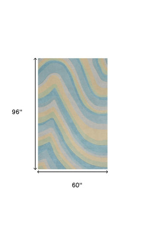 HomeRoots 3' Abstract Hand-Tufted Wool Area Rug in Blue, Beige, and Green - Cozy Modern Decor for Small Spaces 5' X 8' 353101