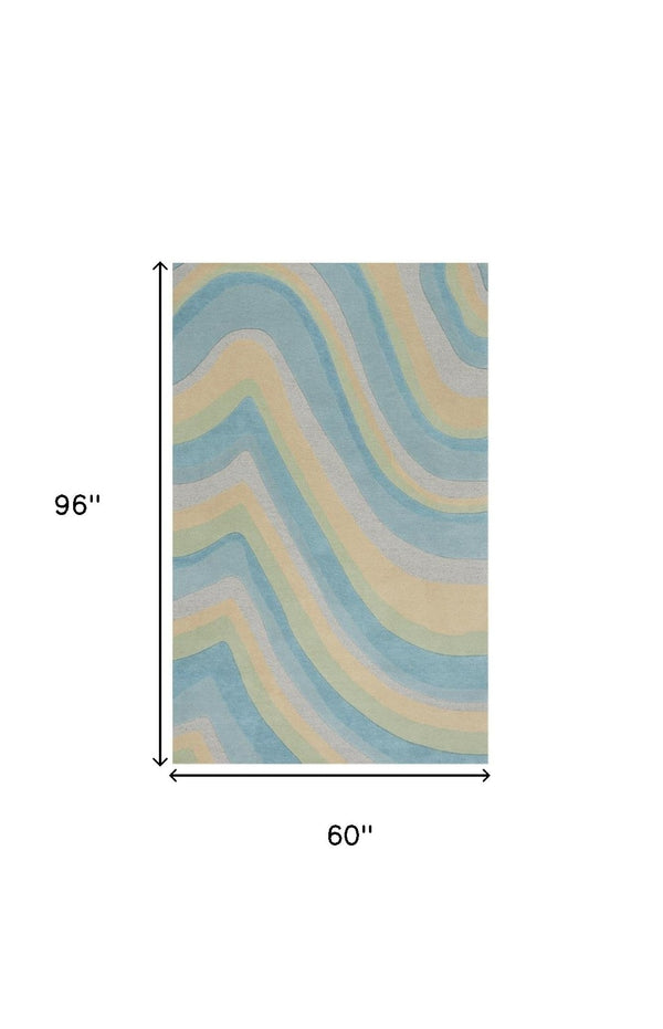 HomeRoots 3' Abstract Hand-Tufted Wool Area Rug in Blue, Beige, and Green - Cozy Modern Decor for Small Spaces 5' X 8' 353101