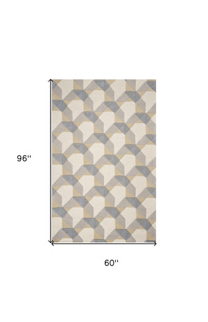 HomeRoots 3'' Ivory Gray and Cream Wool Geometric Area Rug - Soft, Modern Elegance for Any Space 5' X 8' 353102