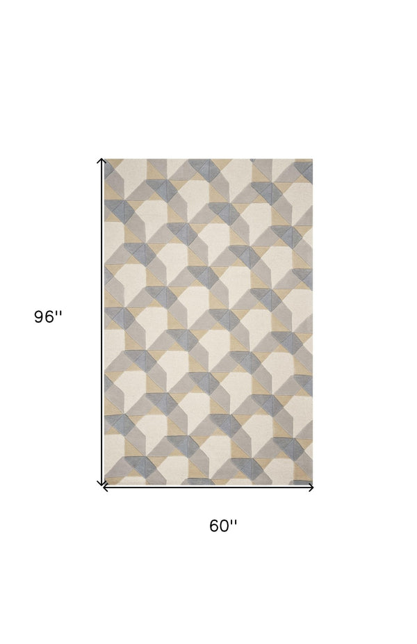HomeRoots 3'' Ivory Gray and Cream Wool Geometric Area Rug - Soft, Modern Elegance for Any Space 5' X 8' 353102