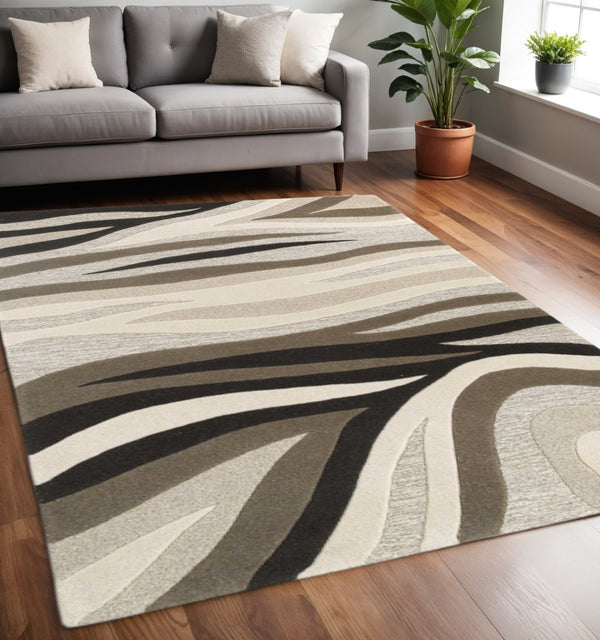 HomeRoots 8' Handcrafted Wool Area Rug in Beige, Ivory, and Black - Modern Abstract Design for Stylish Spaces 5" x 8" 353107