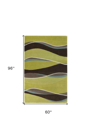 HomeRoots 8' Vibrant Lime Green, Brown, and Blue Hand-Tufted Wool Runner Rug for Stylish Hallway Decor 5' X 8' 353108