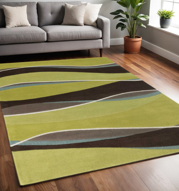 HomeRoots 8' Vibrant Lime Green, Brown, and Blue Hand-Tufted Wool Runner Rug for Stylish Hallway Decor 5' X 8' 353108