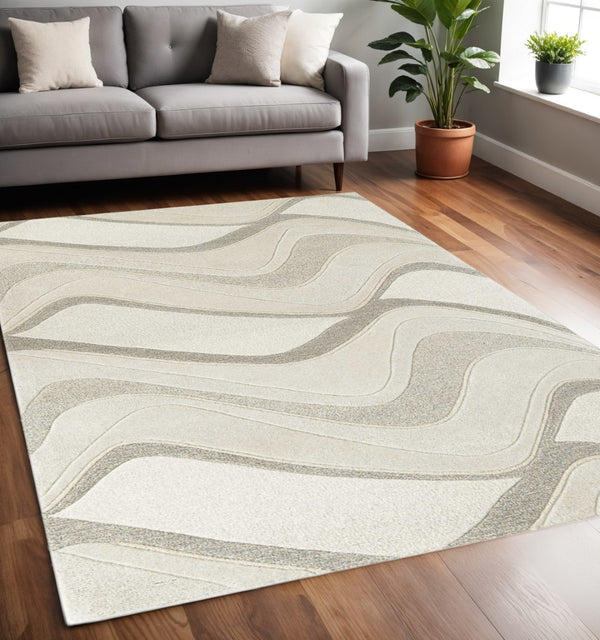 HomeRoots 7' Ivory and Gray Abstract Wool Runner Rug - Hand-Tufted, Soft Texture, Perfect for Hallways & Entryways 5' X 8' 353109