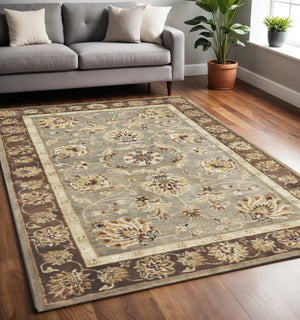 HomeRoots 8' Timeless Gray Brown Ivory Floral Medallion Hand-Tufted Area Rug in New Zealand Lambs Wool 5' X 8' 353133