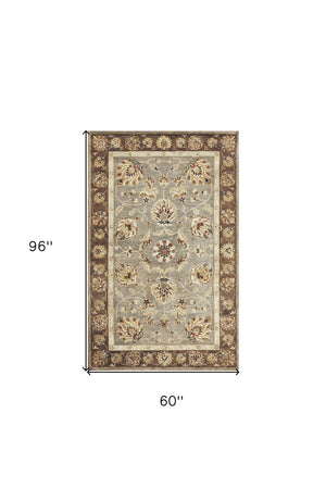 HomeRoots 8' Timeless Gray Brown Ivory Floral Medallion Hand-Tufted Area Rug in New Zealand Lambs Wool 5' X 8' 353133