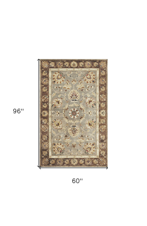 HomeRoots 8' Timeless Gray Brown Ivory Floral Medallion Hand-Tufted Area Rug in New Zealand Lambs Wool 5' X 8' 353133