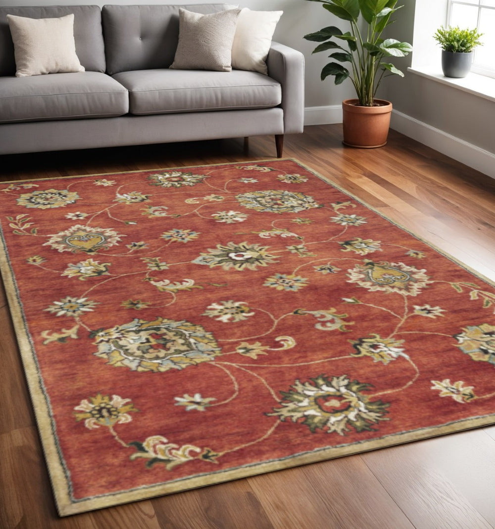 HomeRoots 3' Sienna Gold & Green Floral Vines Hand-Tufted New Zealand Lambs Wool Area Rug for Elegant Spaces 5" x 8" 353134