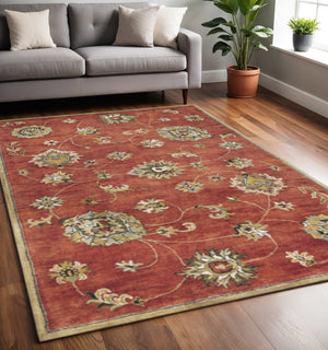 HomeRoots 3' Sienna Gold & Green Floral Vines Hand-Tufted New Zealand Lambs Wool Area Rug for Elegant Spaces 5" x 8" 353134